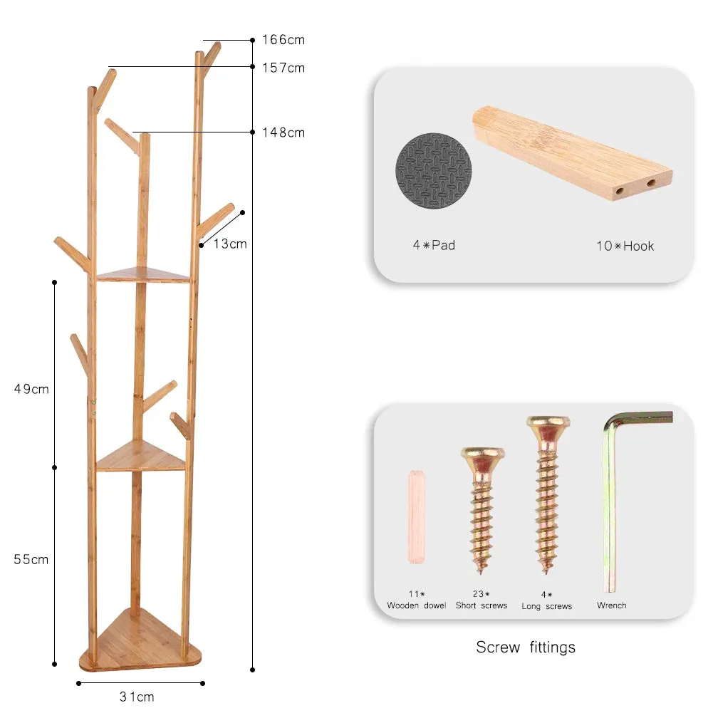 10 Hook Wooden Coat Hat Hanger Stand