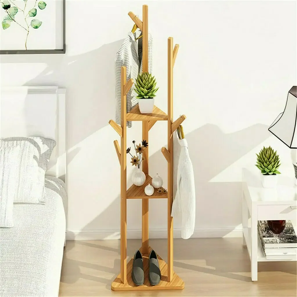 10 Hook Wooden Coat Hat Hanger Stand
