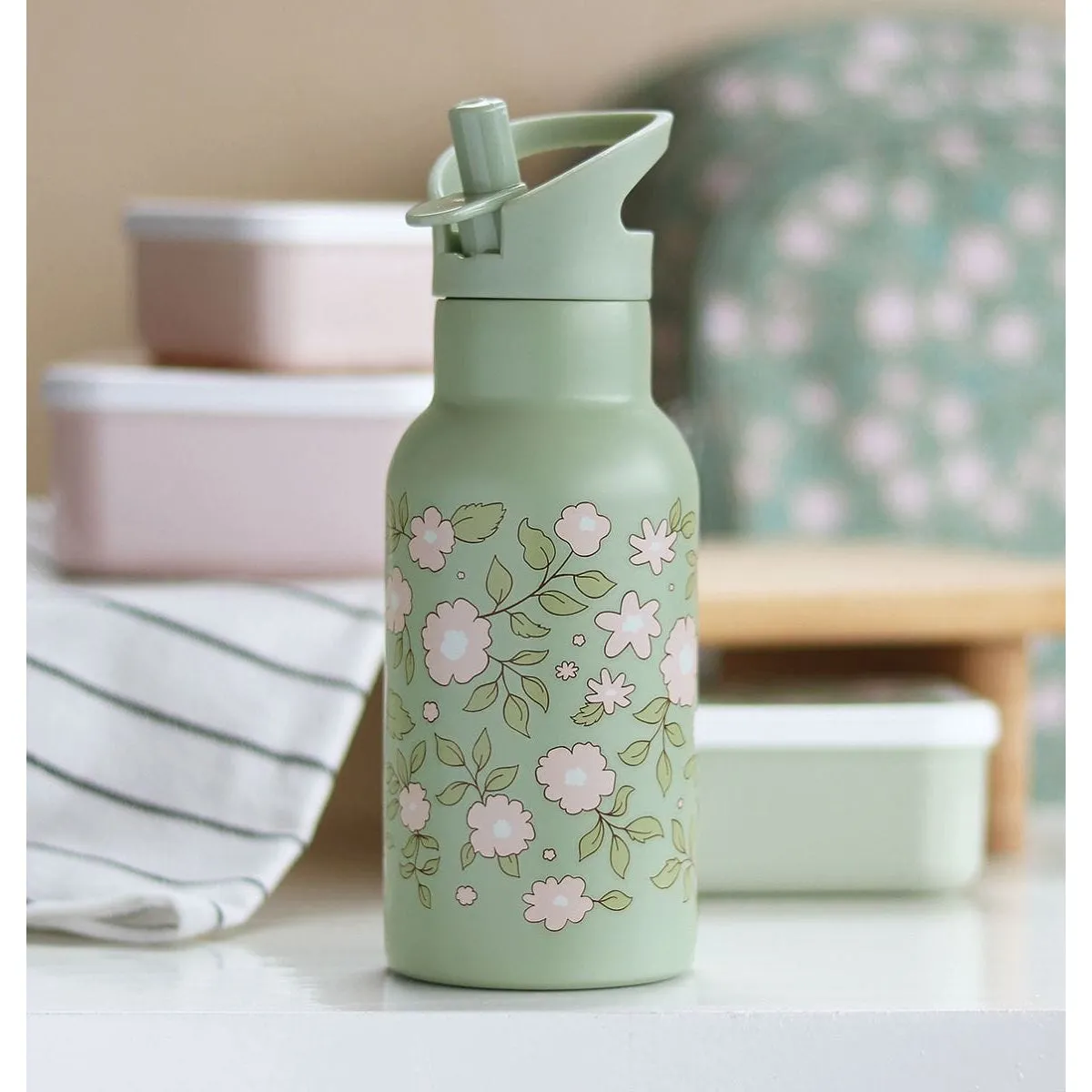 A Little Lovely Company Stainless Steel Drink Bottle: Blossoms Sage