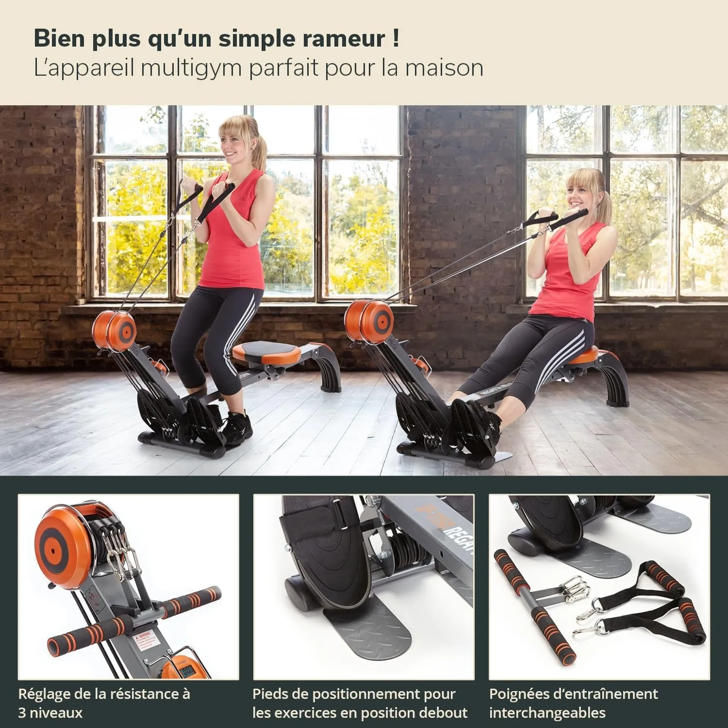 Rameur Poseidon | 2 en 1 Multi Gym Rameur pliable 3 niveaux de rsistance jusqu' 110 kg cran LCD | Rameur pour la maison | Fitnessterapy
