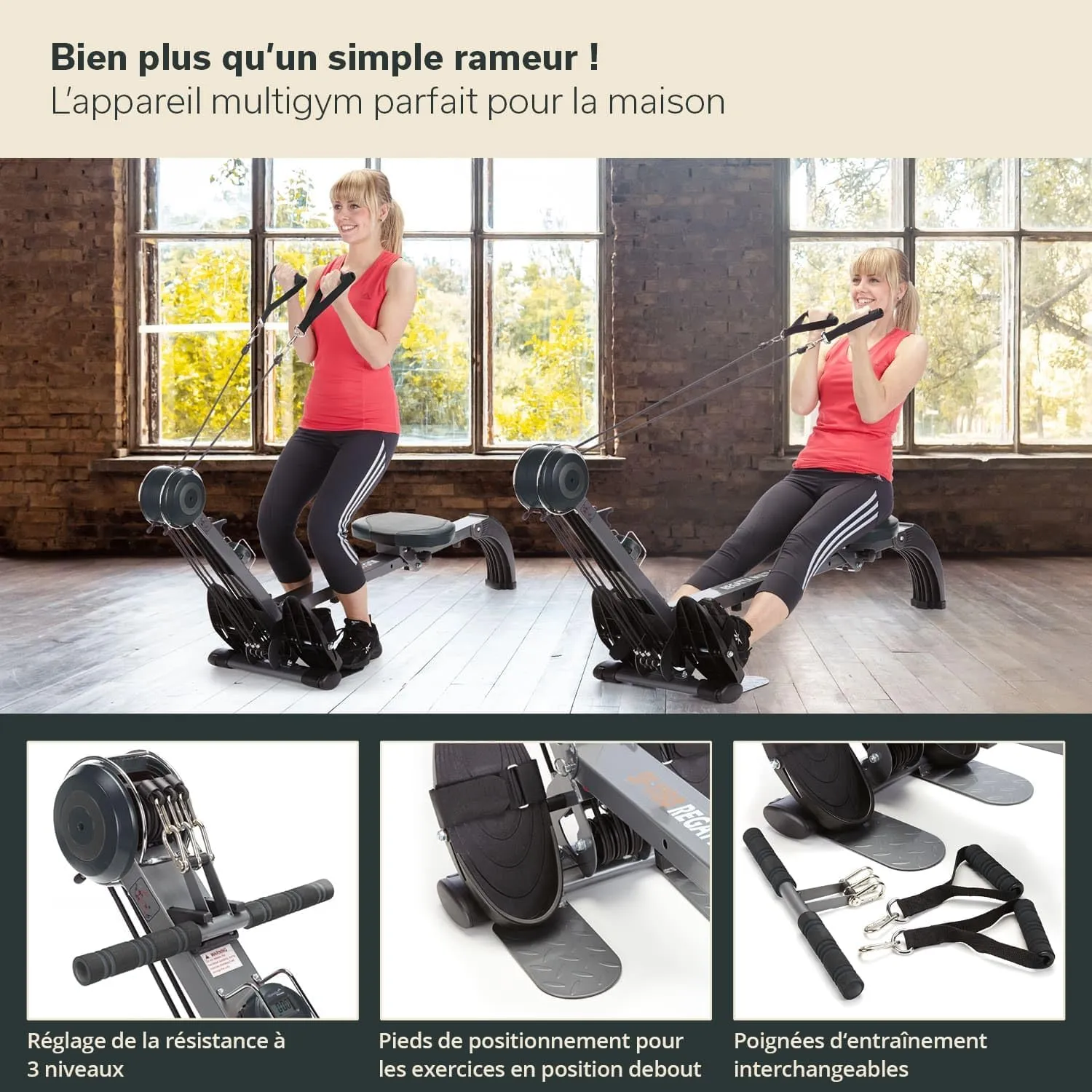 Rameur Poseidon | 2 en 1 Multi Gym Rameur pliable 3 niveaux de rsistance jusqu' 110 kg cran LCD | Rameur pour la maison | Fitnessterapy